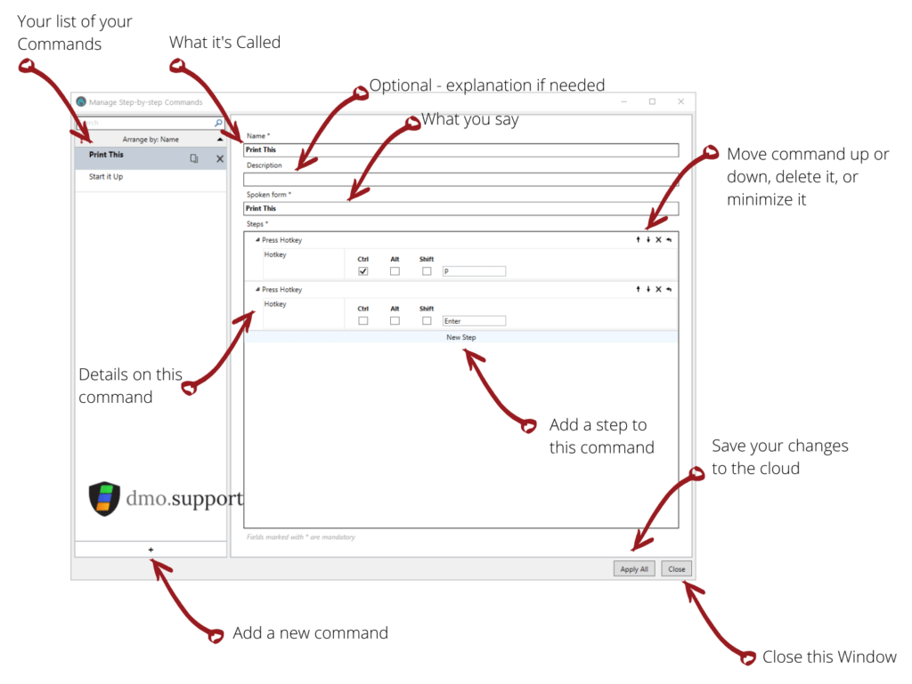 the step-by-step commands dialog in Dragon Medical one and what the buttons do