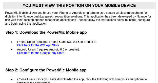 A snippet of the dictation.cloud 'You must view this portion on your mobile' device section. 