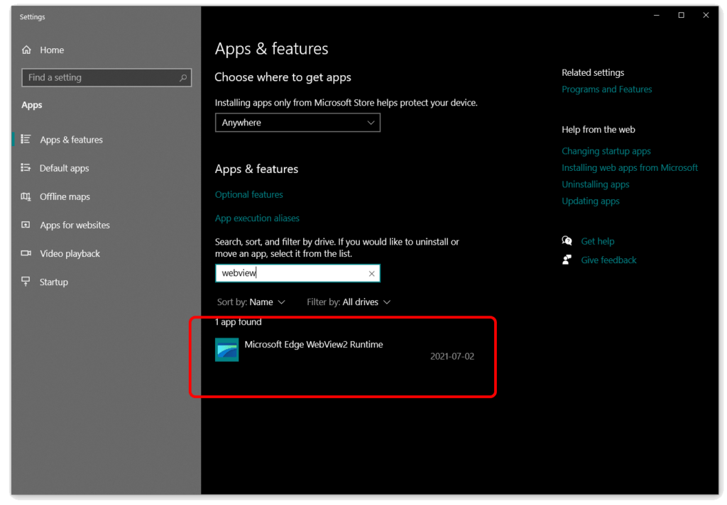 Windows 10 Apps & Features Settings after searching for WeView2 showing that it was already installed