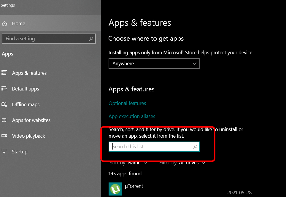 Windows 10 Apps & Features Settings where to search for WebView2